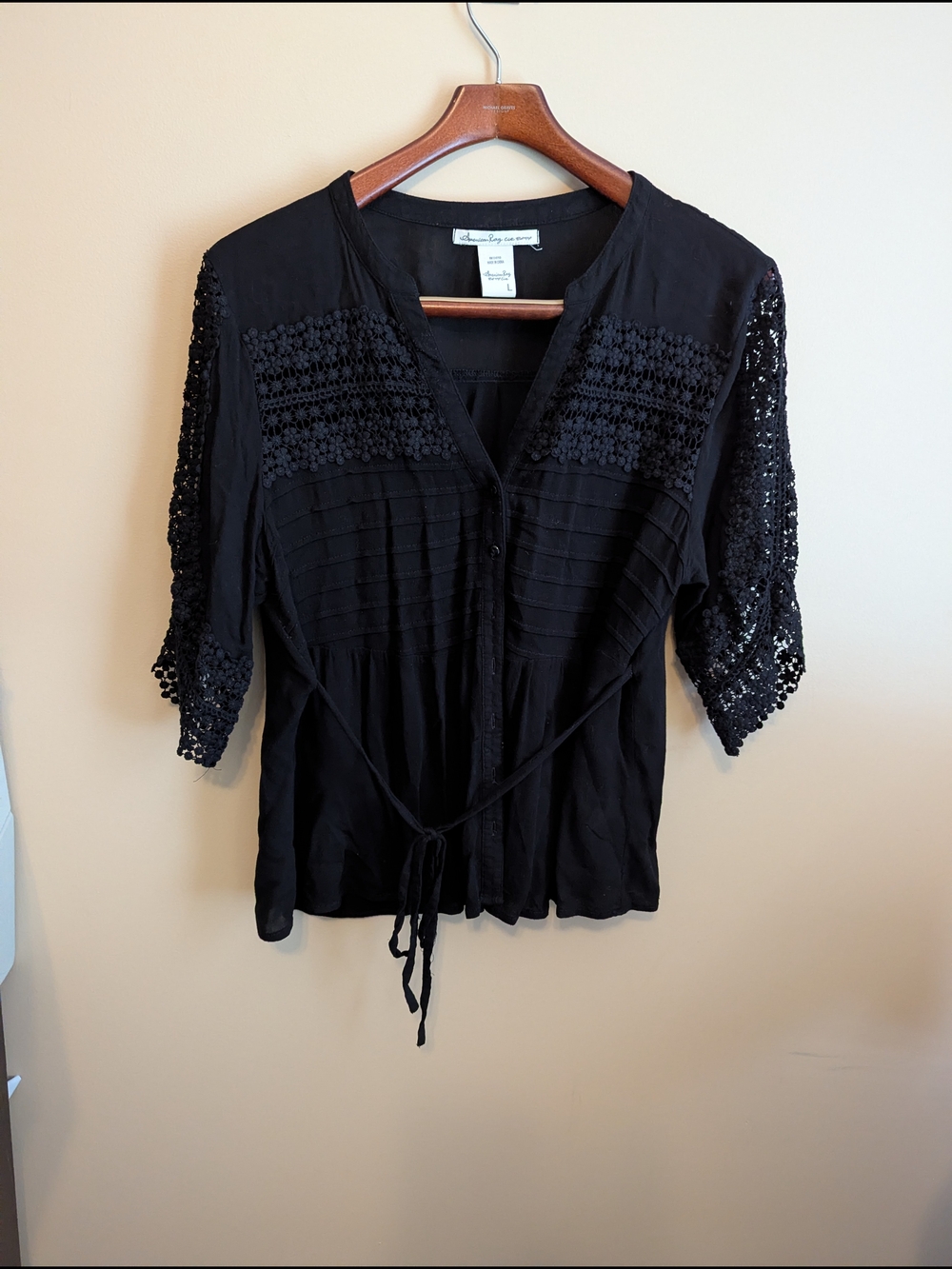 American Rag Black Crochet Sleeve Tie-Waist Blouse